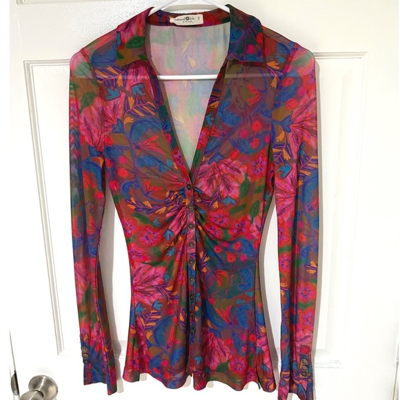 NATURAL LIFE Tops - Natural Life Floral Mesh Ruched Button Front Long Sleeve Top Small Multicolor